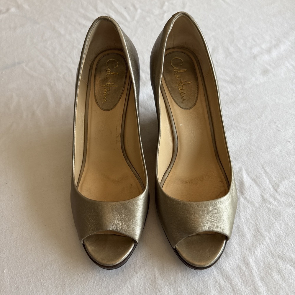 COLE HAAN Grand OS Metallic Peep Toe Wedge Heel Pumps Shoes Sz 8